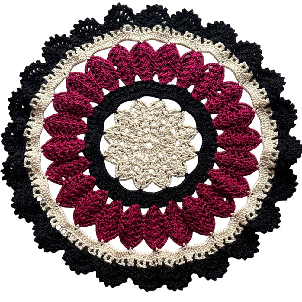 Crochet Doily/Crochet Placemat 18" Burgundy, Black, Off-White - Handmade by me!